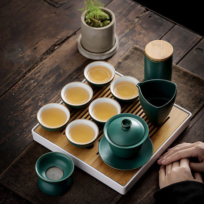 Retro green kung fu tea set tea set simple cover bowl tea cup tea tray whole set tea set