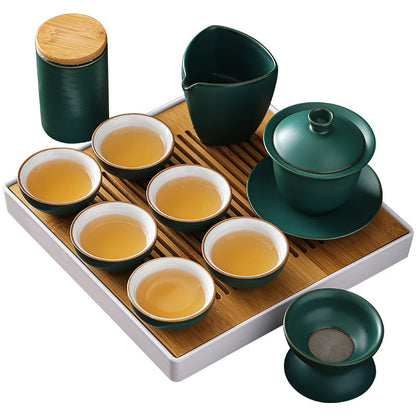 Retro green kung fu tea set tea set simple cover bowl tea cup tea tray whole set tea set