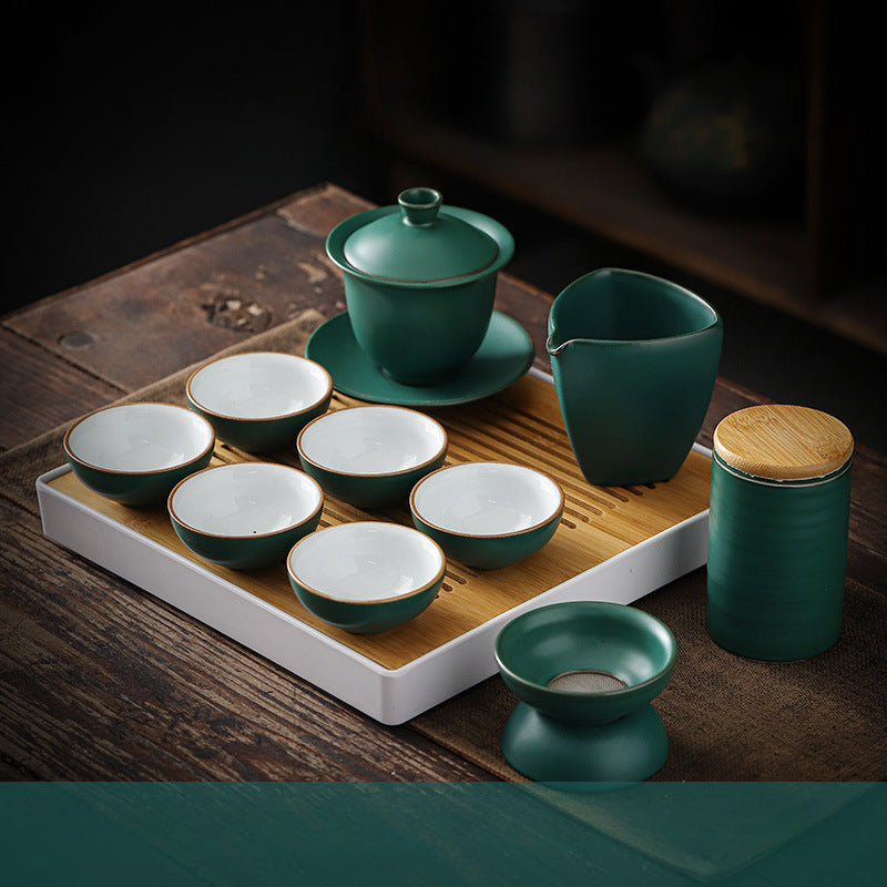 Retro green kung fu tea set tea set simple cover bowl tea cup tea tray whole set tea set