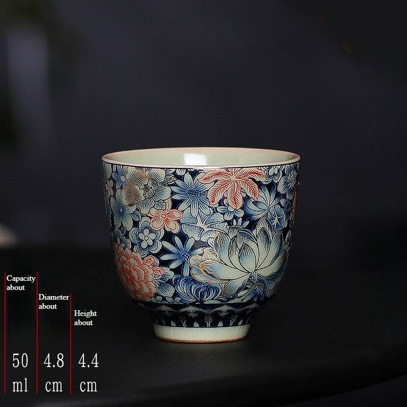 Retro Ru kiln open filigree golden peony ceramic kung fu teacup master cup single cup tea cup personal cup tea cup