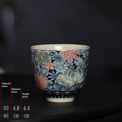 Retro Ru kiln open filigree golden peony ceramic kung fu teacup master cup single cup tea cup personal cup tea cup