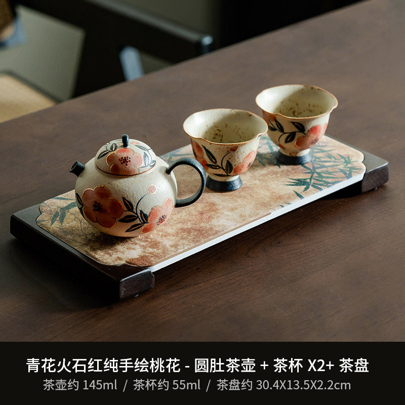 Pure hand-painted peach blossom teapot, teacup ceramic, one pot and two cups with tea tray, household Chinese kung fu tea set