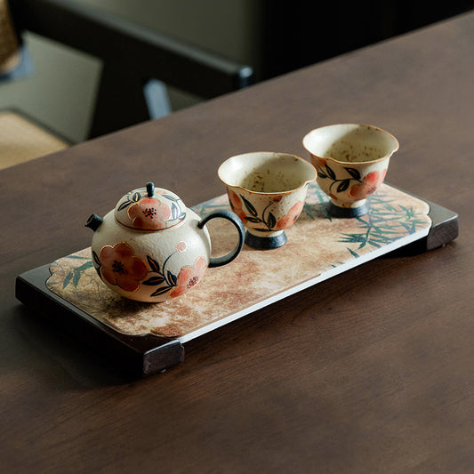 Pure hand-painted peach blossom teapot, teacup ceramic, one pot and two cups with tea tray, household Chinese kung fu tea set