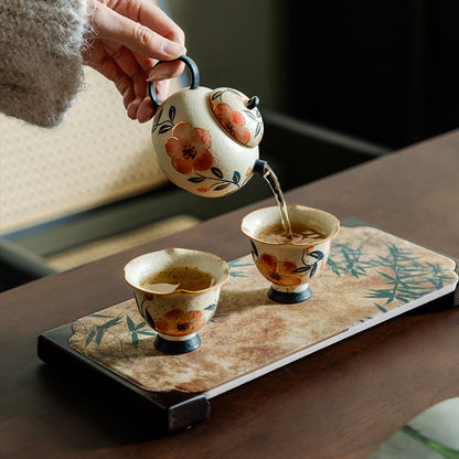 Pure hand-painted peach blossom teapot, teacup ceramic, one pot and two cups with tea tray, household Chinese kung fu tea set