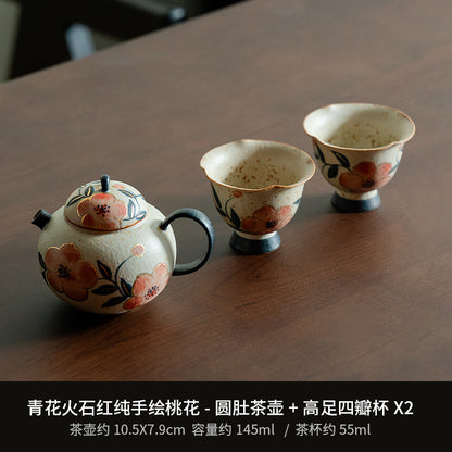 Pure hand-painted peach blossom teapot, teacup ceramic, one pot and two cups with tea tray, household Chinese kung fu tea set