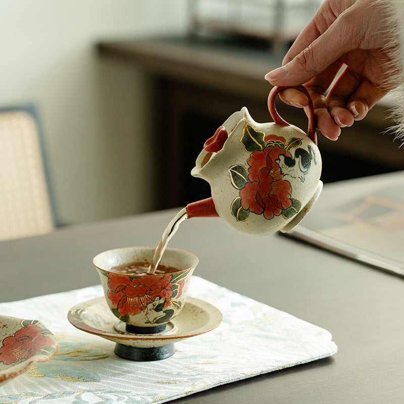 Blue and white flint red portable ceramic one pot and one cup set pure hand-painted cat play camellia travel tea set