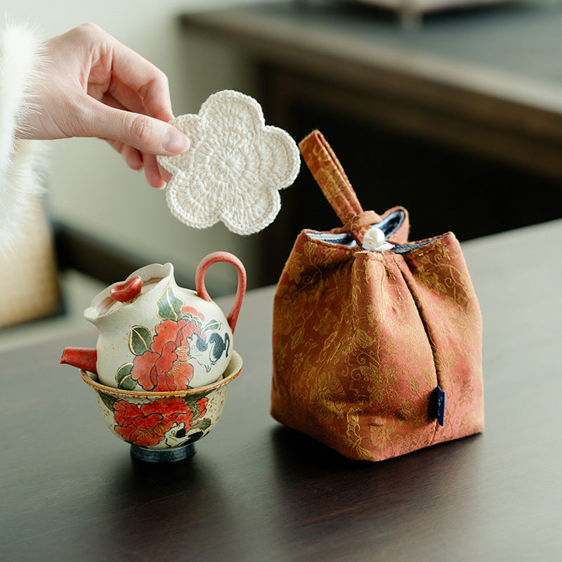 Blue and white flint red portable ceramic one pot and one cup set pure hand-painted cat play camellia travel tea set