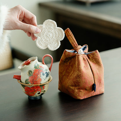 Blue and white flint red portable ceramic one pot and one cup set pure hand-painted cat play camellia travel tea set