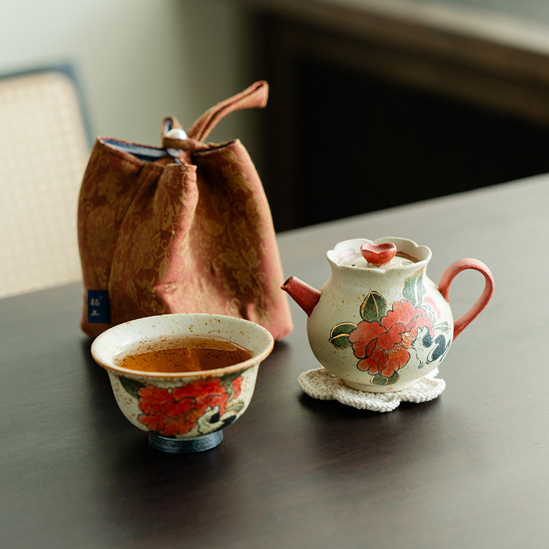 Blue and white flint red portable ceramic one pot and one cup set pure hand-painted cat play camellia travel tea set