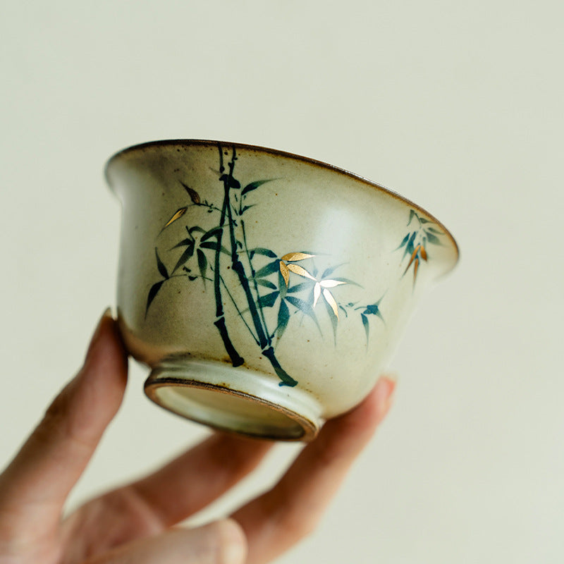 Antique gold-painted pure hand-painted green bamboo cover bowl teacup for tea drinking Chinese-style tea bowl Kung Fu tea set