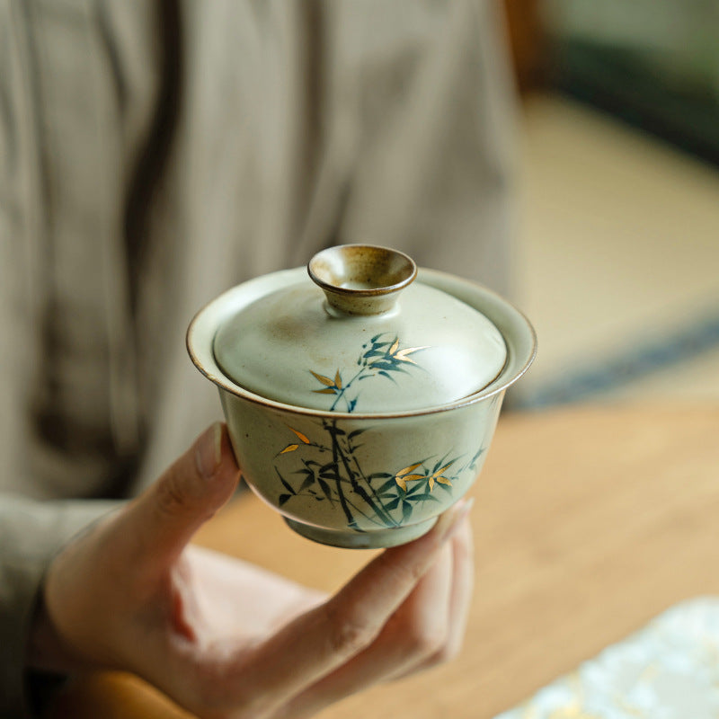 Antique gold-painted pure hand-painted green bamboo cover bowl teacup for tea drinking Chinese-style tea bowl Kung Fu tea set