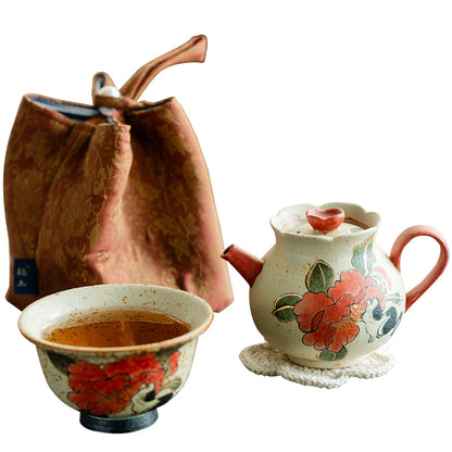 Blue and white flint red portable ceramic one pot and one cup set pure hand-painted cat play camellia travel tea set