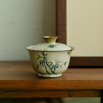 Antique gold-painted pure hand-painted green bamboo cover bowl teacup for tea drinking Chinese-style tea bowl Kung Fu tea set