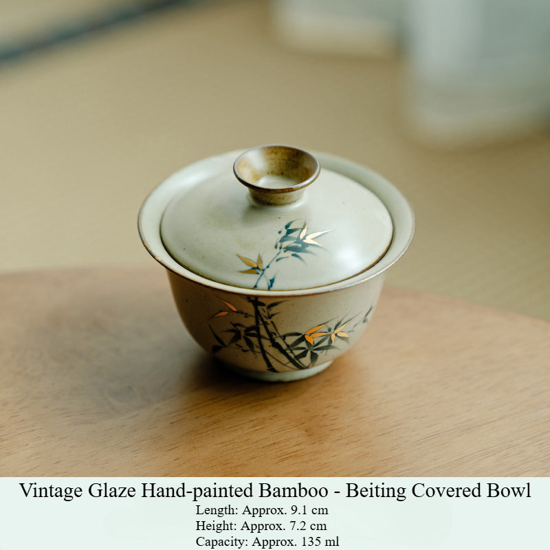 Antique gold-painted pure hand-painted green bamboo cover bowl teacup for tea drinking Chinese-style tea bowl Kung Fu tea set