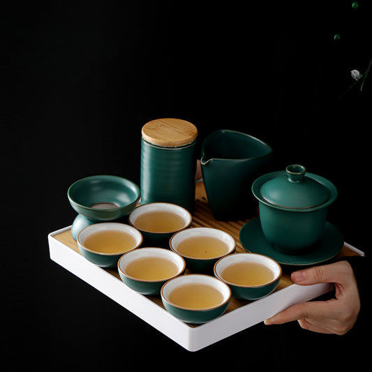 Retro green kung fu tea set tea set simple cover bowl tea cup tea tray whole set tea set